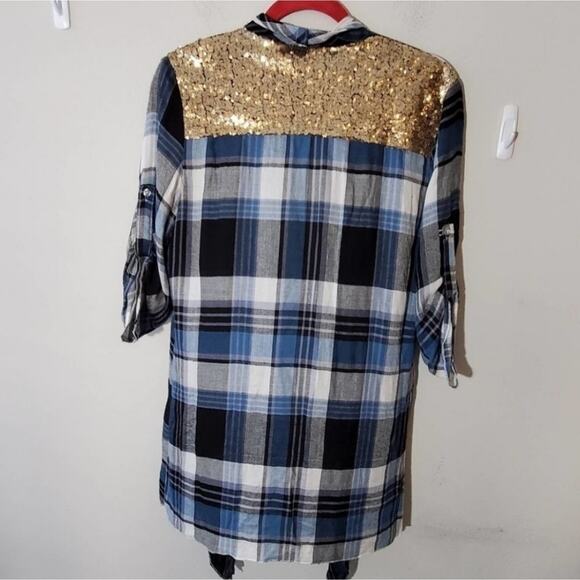 E2 PLAID and gold sequin back asymmetrical hem jacket wrap size‎ medium - Picture 1 of 6